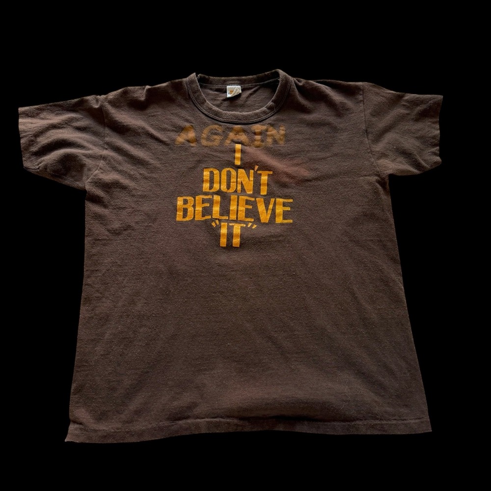 70's Russell Athletic Gold Tag Brown T-Shirt XL I Don't Believe It Distressed